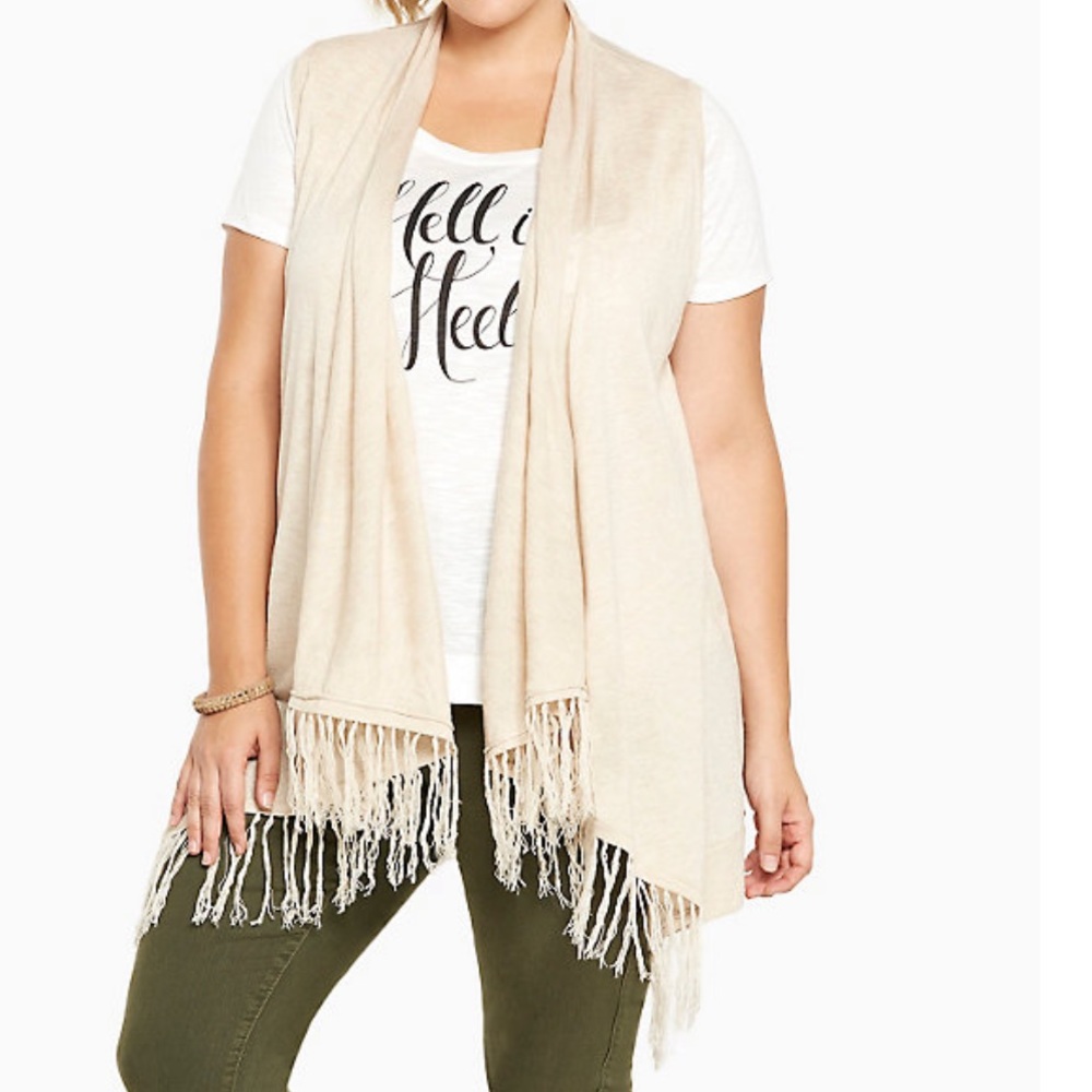 TORRID LONG DRAPE FRONT FRINGE VEST